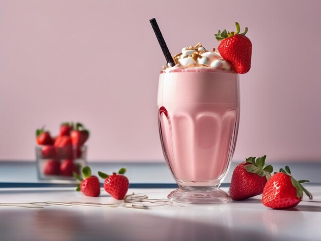 유리 위에 있는 딸기 밀크 이크의 제품 사진