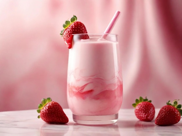 product photography of Strawberry milkshake with marble table and pink background