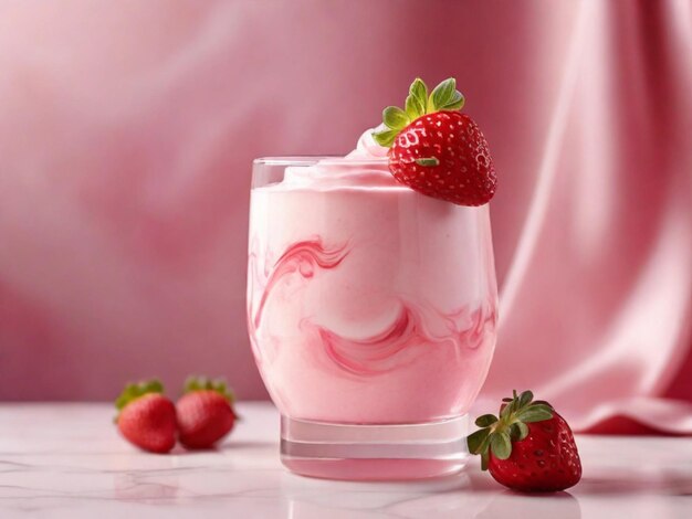 product photography of Strawberry milkshake with marble table and pink background