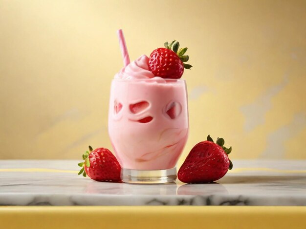 product photography of Strawberry milkshake with marble table and yellow background