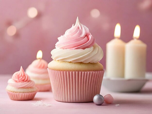 product photography of vanilla cupcake with cupcake frosting candle with pink gradient background