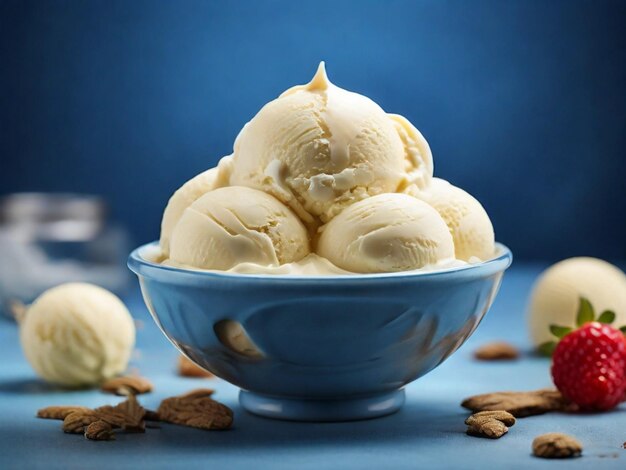 Product Photography of Vanilla Ice Cream in a bowl with blue background