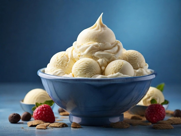 Product Photography of Vanilla Ice Cream in a bowl with blue background