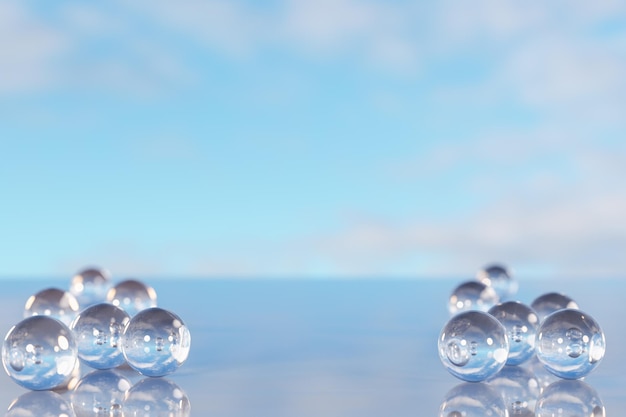 Photo product placement and advertising background glass balls on empty marble surface against blue sky with clouds backdrop for cosmetic products 3d rendering