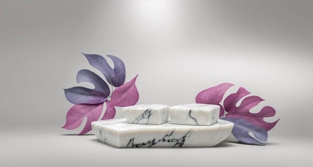 Foto product placement oorspronkelijke sjabloon voor spa of cosmetica productpresentatie samenstelling van stenen of marmeren platen heldere exotische bladeren in roze paarse en blauwe tonen