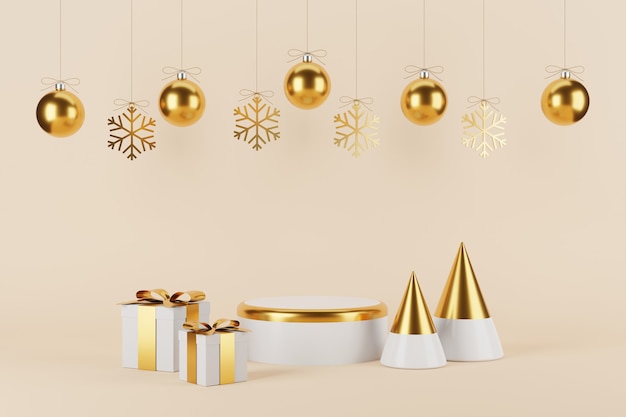 Product Podium Christmas and New Year Concept with Christmas Tree and Snowflake.3D illustration