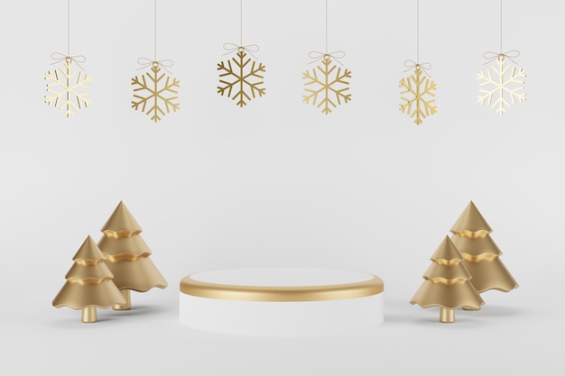 Product Podium Christmas and New Year Concept with Christmas Tree and Snowflake.3D illustration