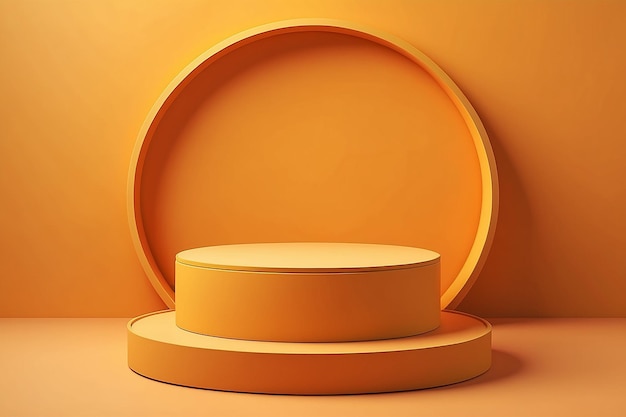 제품 포디움 디스플레이 3d 오렌지 빈 실린더 원과 노란색 배경의 보케
