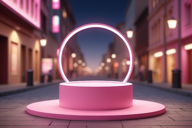 product podium display 3d pink Empty Cylinder circle and bokeh in street light color blurred background