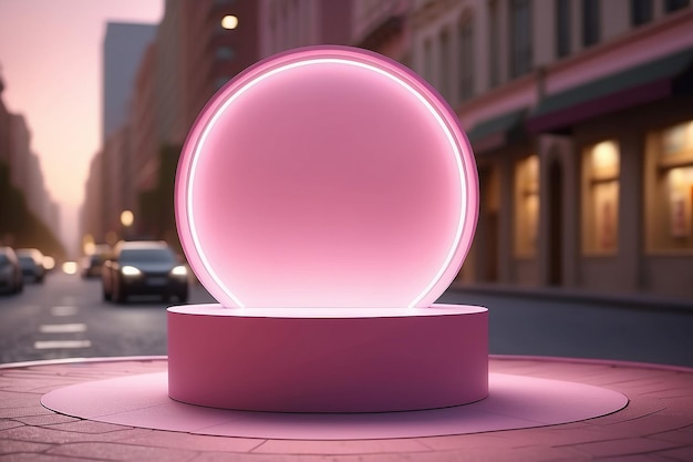 product podium display 3d pink Empty Cylinder circle and bokeh in street light color blurred background