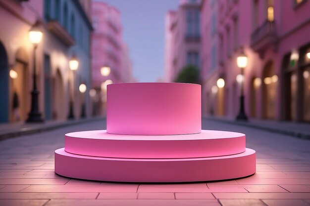 product podium display 3d pink Empty Cylinder circle and bokeh in street light color blurred background