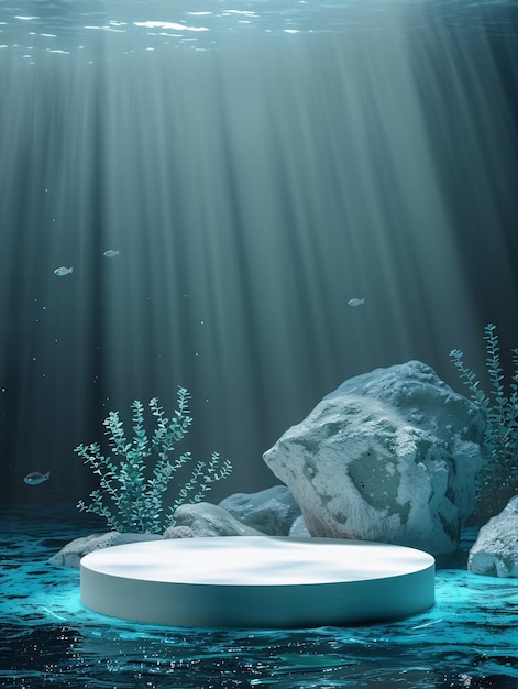 product podium display presentatie met onderwater oceaan achtergrond ai gegenereerd