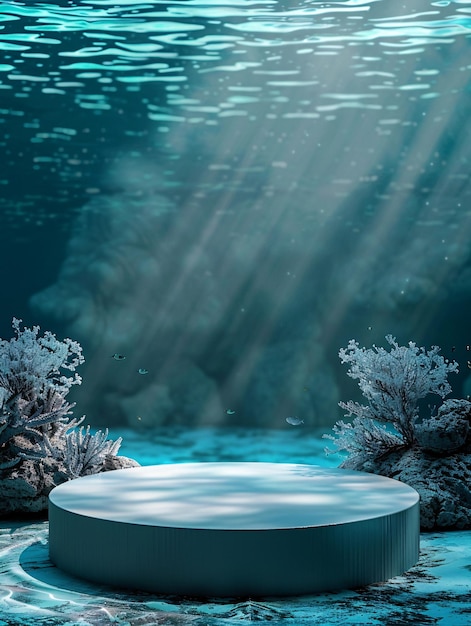 Photo product podium display presentation with underwater ocean background ai generated