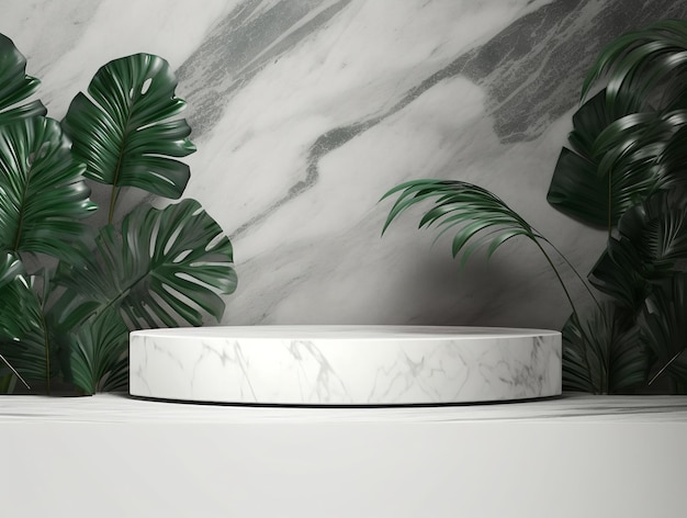 Подиум продукта отображает дизайн тени тропических листьев и мраморную стену