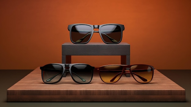 Product podium displaying a pair of stylish sunglasses with trendy frames and UV protection Generative AI