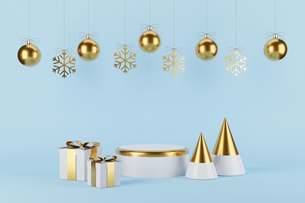 Product Podium Kerstmis en Nieuwjaar Concept met kerstboom en Snowflake.3D illustratie