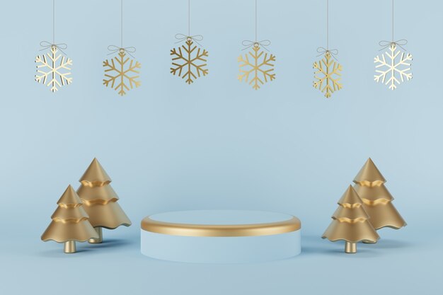 Product Podium Kerstmis en Nieuwjaar Concept met kerstboom en Snowflake.3D illustratie