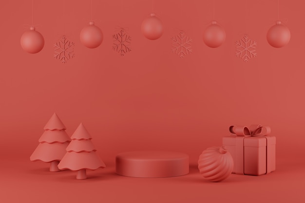 Foto product podium kerstmis en nieuwjaar concept met kerstboom en snowflake.3d illustratie