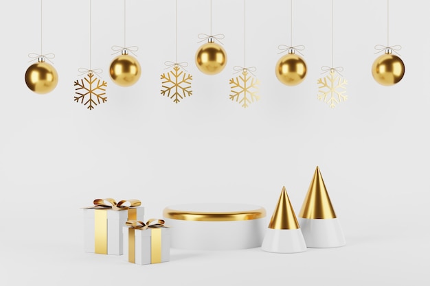 Product Podium Kerstmis en Nieuwjaar Concept met kerstboom en Snowflake.3D illustratie