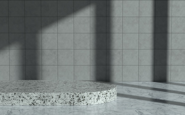 Product podium in marble room with direct sun light. 3d illustration