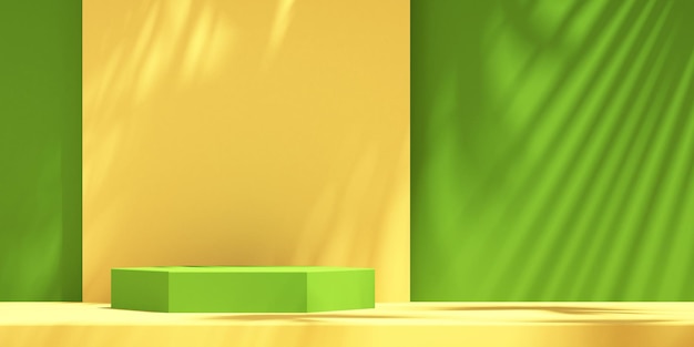Foto visualizzazione del modello del podio del prodotto su sfondo verde e giallo con l'ombra dell'albero sullo sfondo estivol'illustrazione del rendering 3d