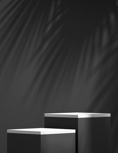 Photo product podium mockup display with black and white background with tree shadowsummer background3d render illustration