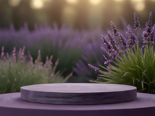 Product podium mockup lavender flower background purple