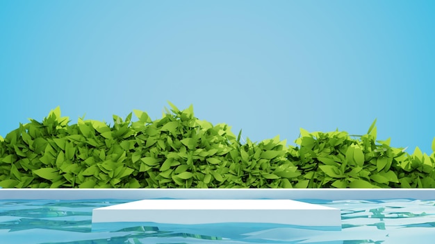 Product podium in pool, azure sky and bright green bushes at background