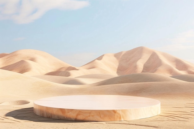 사막의 모래 언덕을 배경으로 광고를 위한 제품 포디움 프레젠테이션이 생성되었습니다.