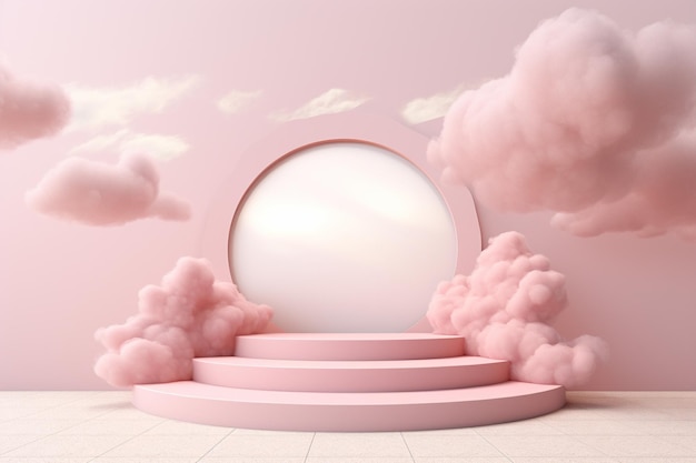 분홍색 구름으로 둘러싸인 제품 연단