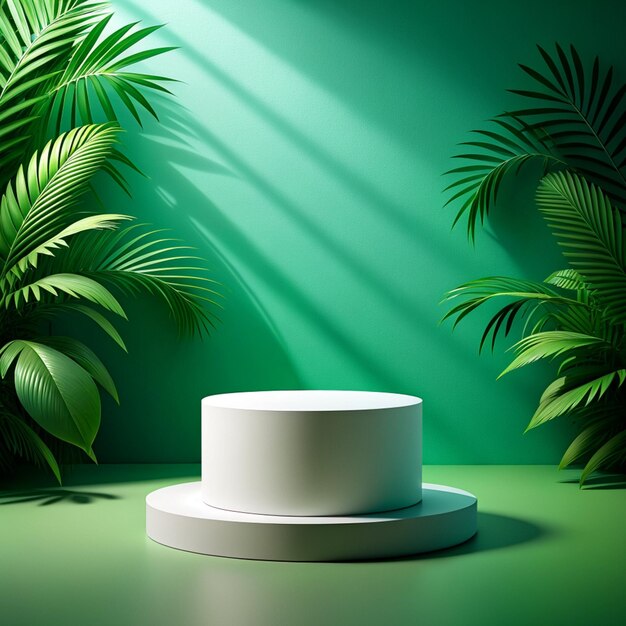 product podium and tropical palm leaves shadow on green background