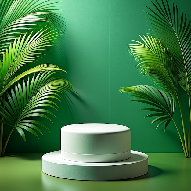 product podium and tropical palm leaves shadow on green background