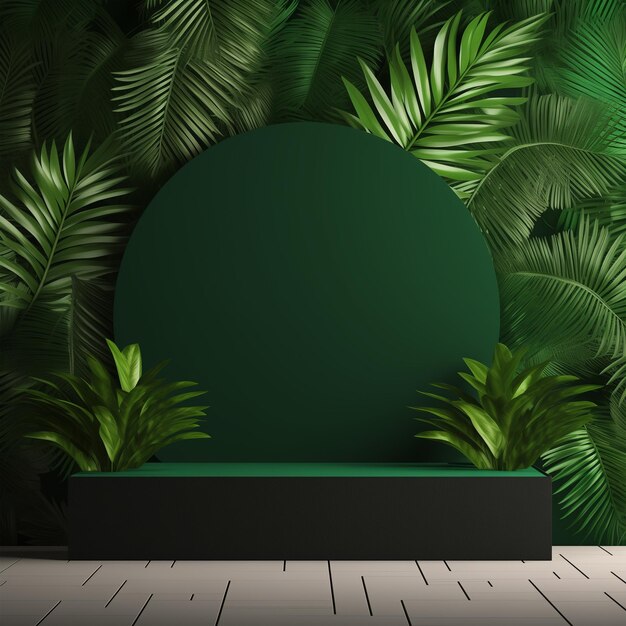 Photo product podium with green tropical palm leaves display for product mockup natural background