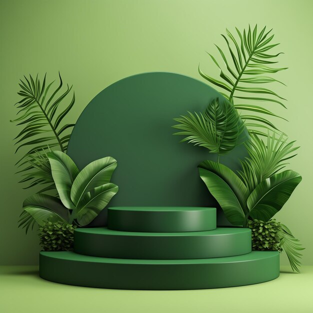 Photo product podium with green tropical palm leaves display for product mockup natural background