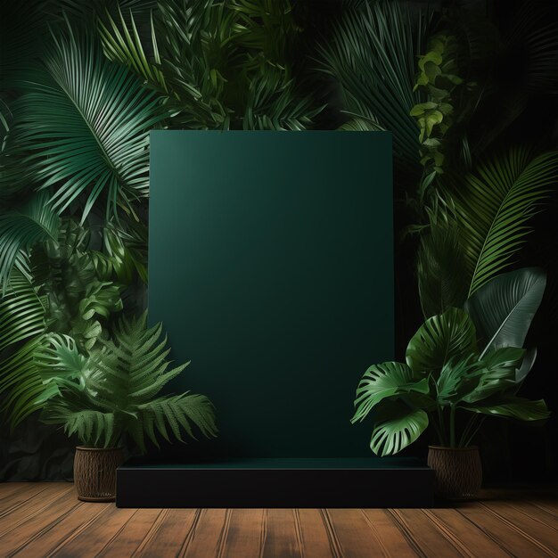 Photo product podium with green tropical palm leaves display for product mockup natural background