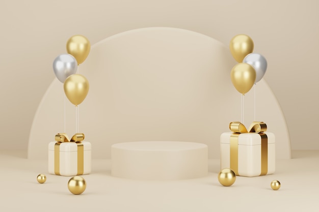 Product Podium with New Year Gifts and Balloons background.3D illustration