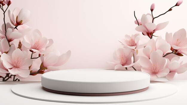 Photo product podium with spring flowers in pink pastel colors for product presentation