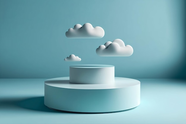 Product podium with white clouds Product presentation stand on blue background 3d rendering