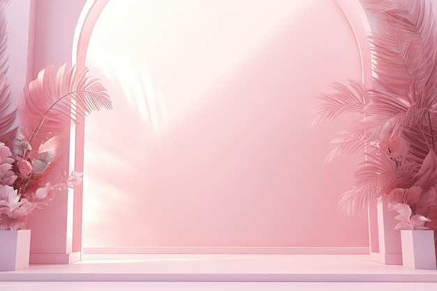 Product presentation background with pink color gradient shadow of window flowers and palm leaves 3d