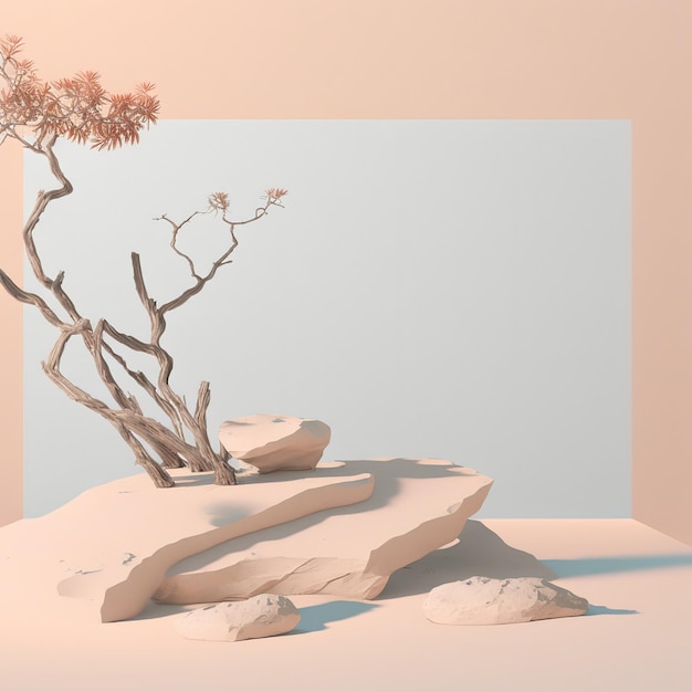 Product presentation on gentle background with stone pedestal and dry branches on old tree 3d illustration