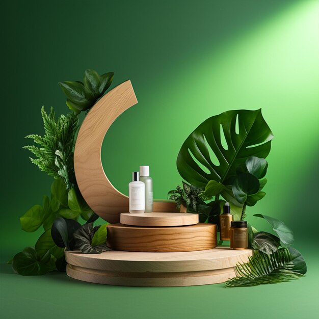 Product presentation minimal podium mockup with natural wooden background green gradient