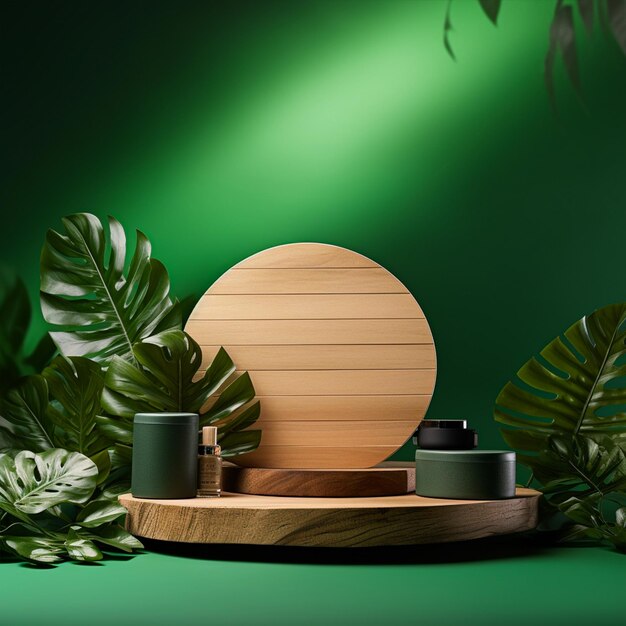 Product presentation minimal podium mockup with natural wooden background green gradient