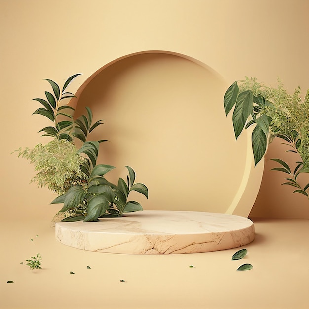Product presentation mockup with plants leaves Podium with copy space Stage display showroom Empty scene Generative AI