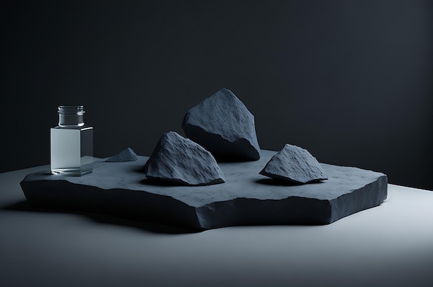 product presentation mockup with rocks and water empty podium on black background