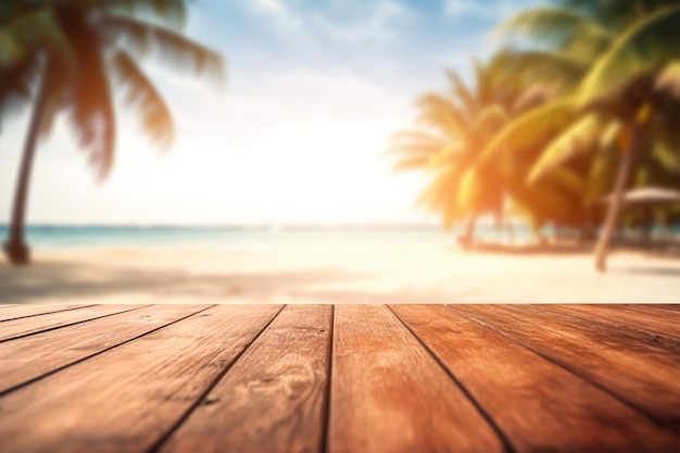 Product presentation in nature Blur tropical beach with bokeh sun light wave on empty table