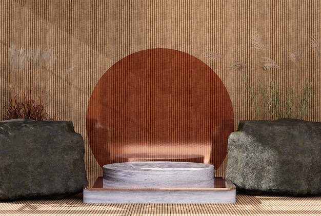 Product presentation podium with abstract background and stones among which grass grows