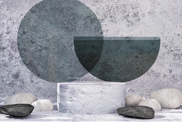 Product presentation podium with abstract background and stones among which grass grows