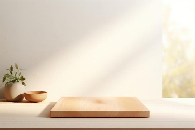 A product presentation scene featuring a sleek wooden ting board on a minimalistic light back