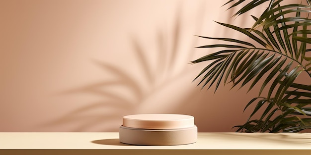 Product presentation with palm leaves on beige background pedestal for cosmetics empty mockup