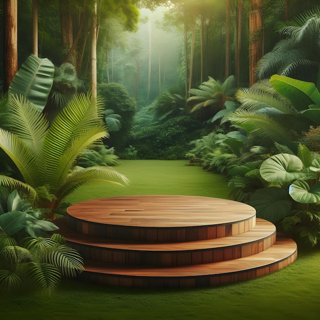 Product presentation with a wooden podium set amidst a lush tropical forest